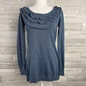 Anthropologie Andersen And Lauth Ruffle Neck Sweater Blue Metallic Women Small